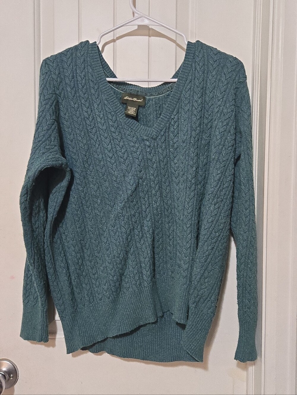 Eddie Bauer Women's XXL Teal Cable Knit Sweater Angora Cashmere Blend V-Neck